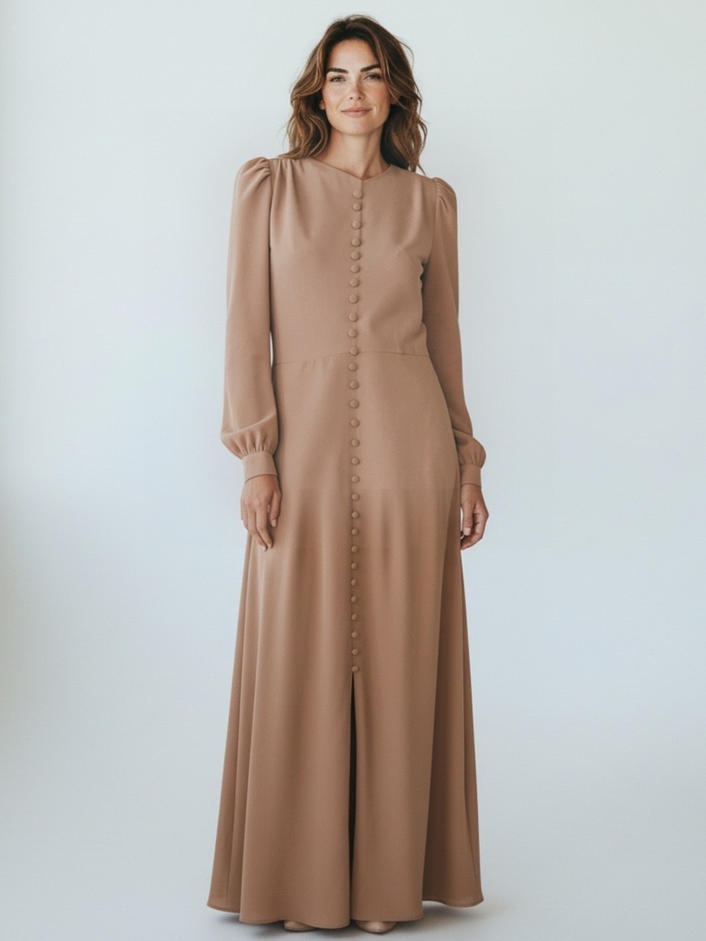 Vintage style long sleeve cottagecore long camel color maxi dress